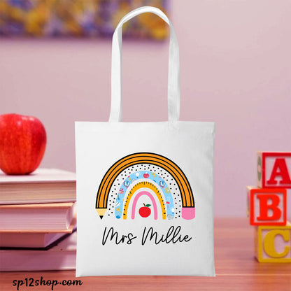 Rainbow Teacher Appreciation Gift Custom Thank You Shopping Tote Bag