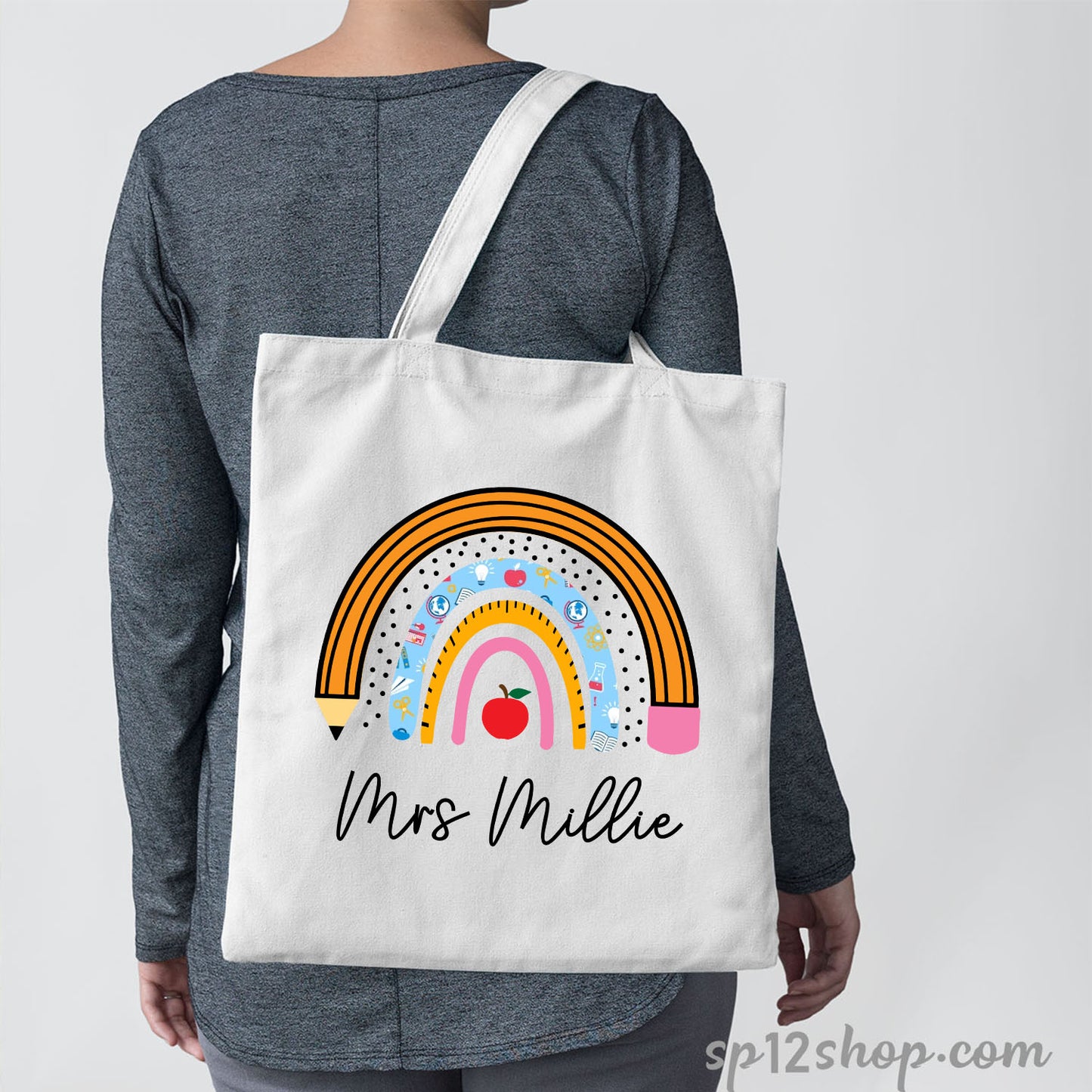 Rainbow Teacher Appreciation Gift Custom Thank You Shopping Tote Bag