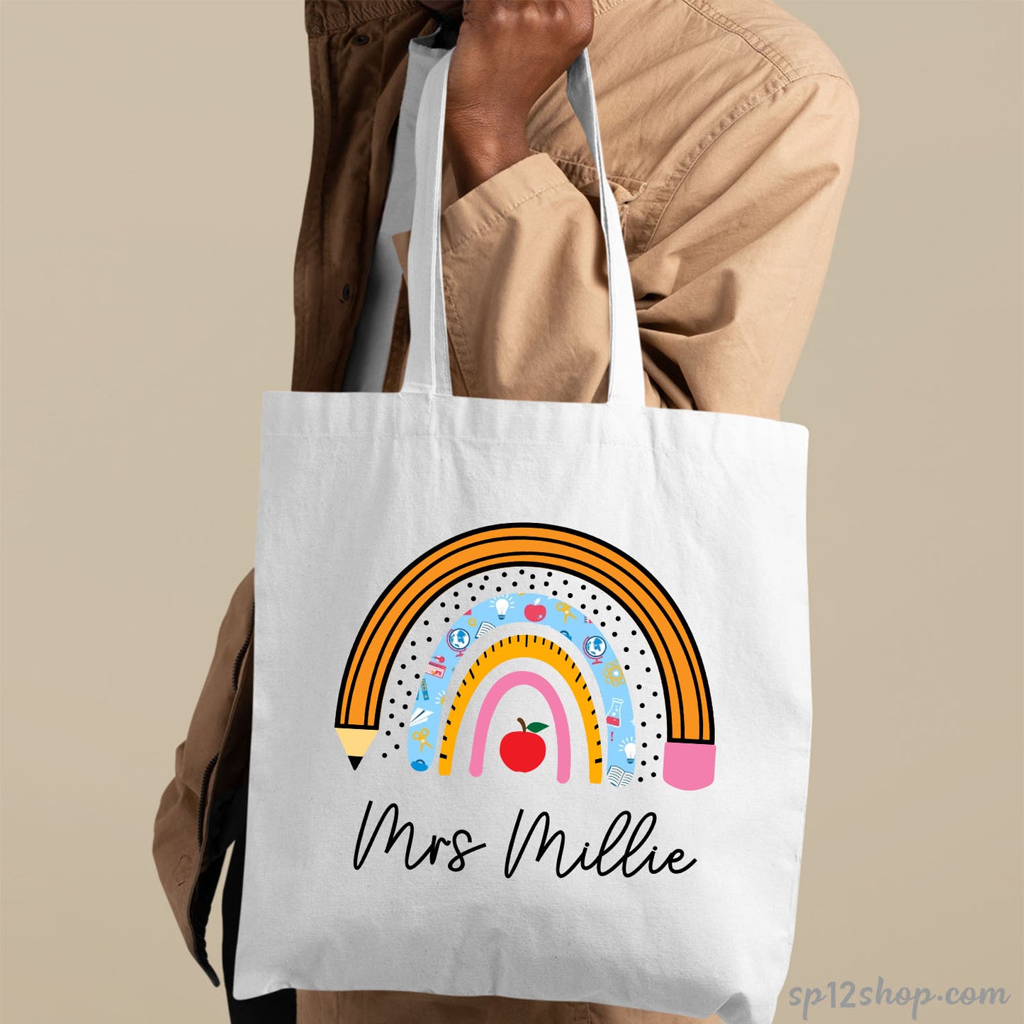 Rainbow Teacher Appreciation Gift Custom Thank You Shopping Tote Bag