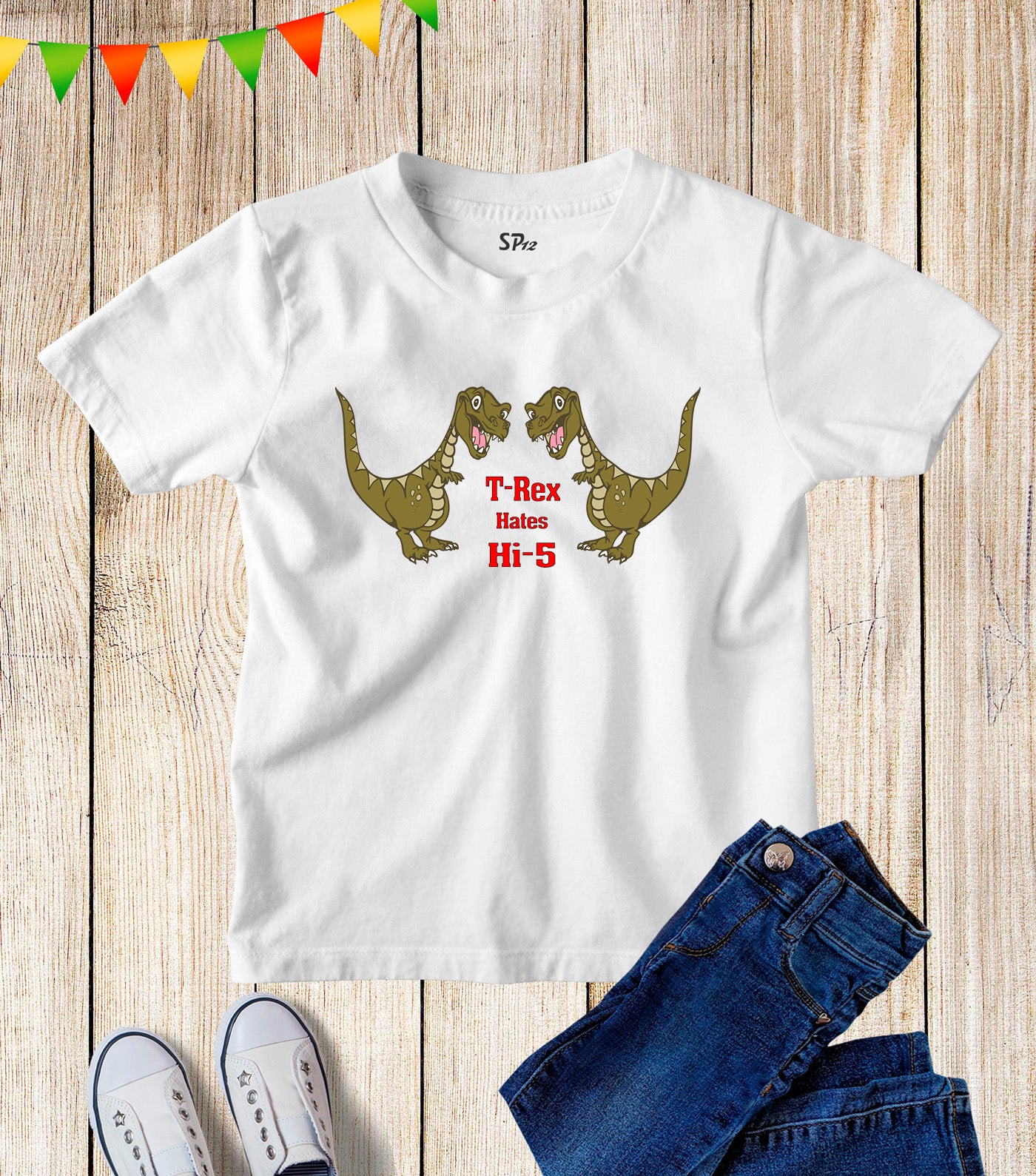 Kids Hates High Five Dinosaur Funny Slogan T Shirt