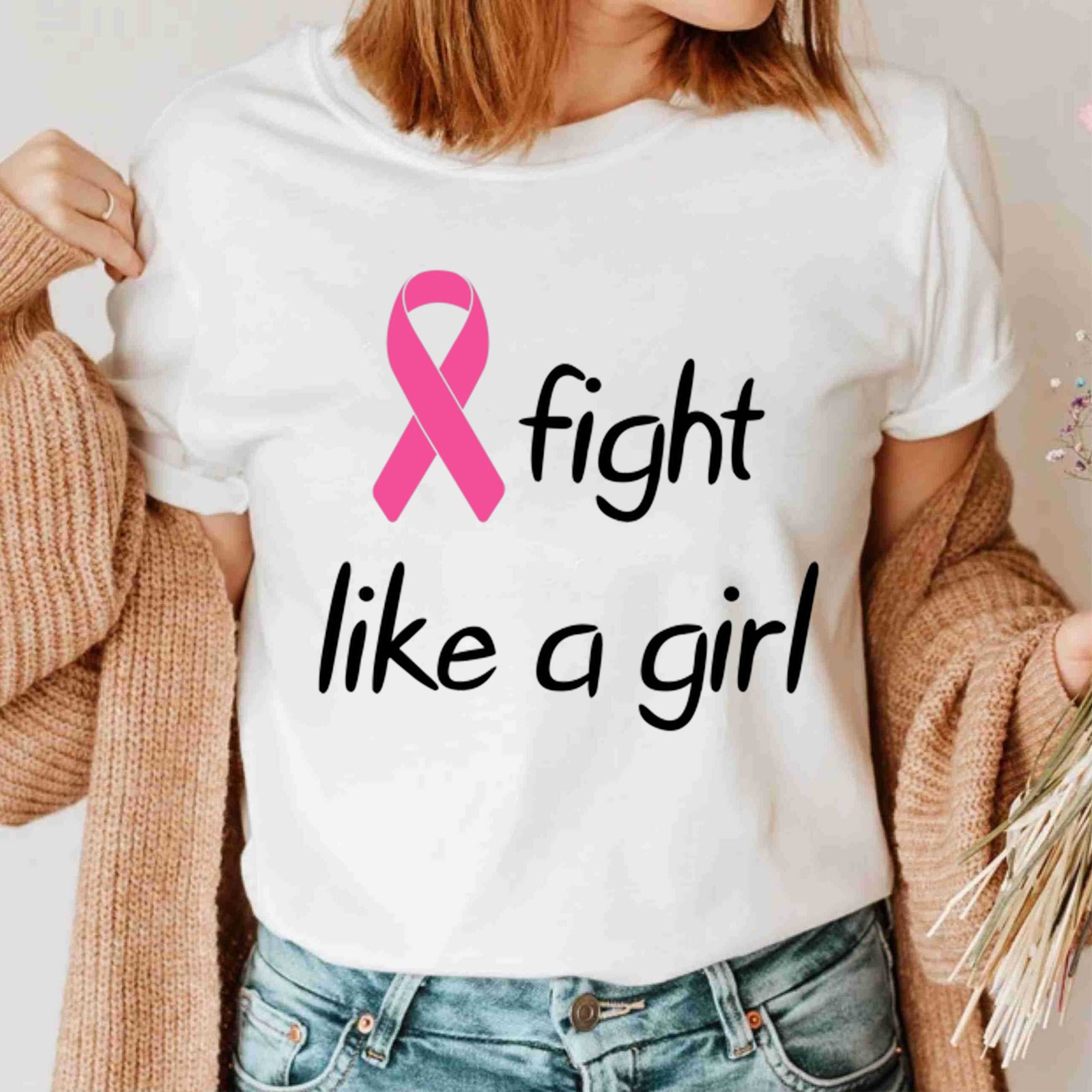 Fight Like a Girl Motivation Ribbon Breast Cancer Awareness T Shirt