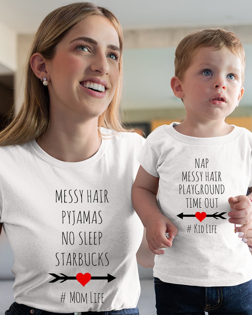 Messy Hair Hashtag Mom Life Kid Life Slogan Mom Son Daughter Matching T shirts