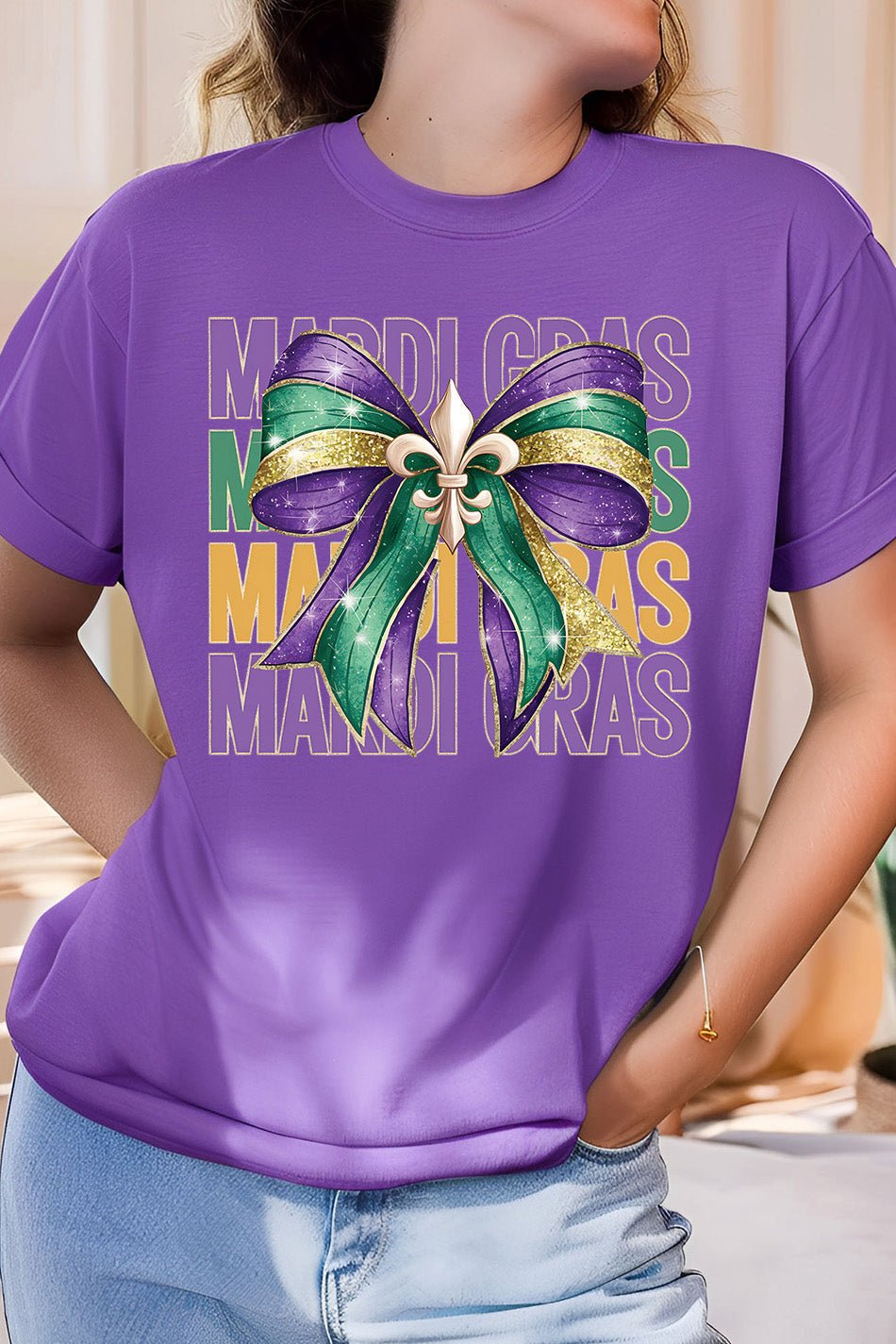 Mardi Gras Shirt Ladies Coquette Bow Glitter Parade Costume