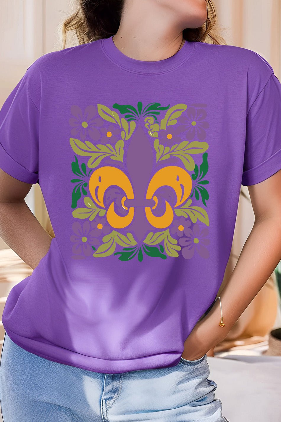 Mardi Gras Shirt fleur de lis Symbol Purple Gold and Green
