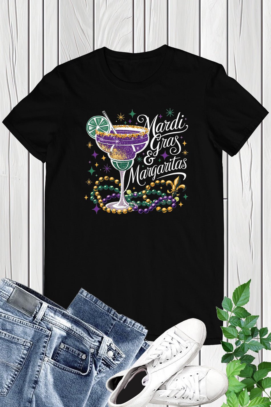 Mardi Gras & Margaritas T-Shirt Beads Purple Gold Sparkle Costumes