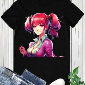 Anime Girl with Red Hair and Pink Lipstick Shirt
