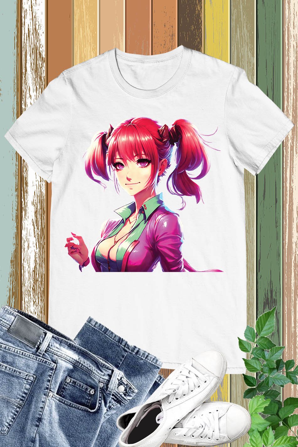 Anime Girl with Red Hair and Pink Lipstick Shirt
