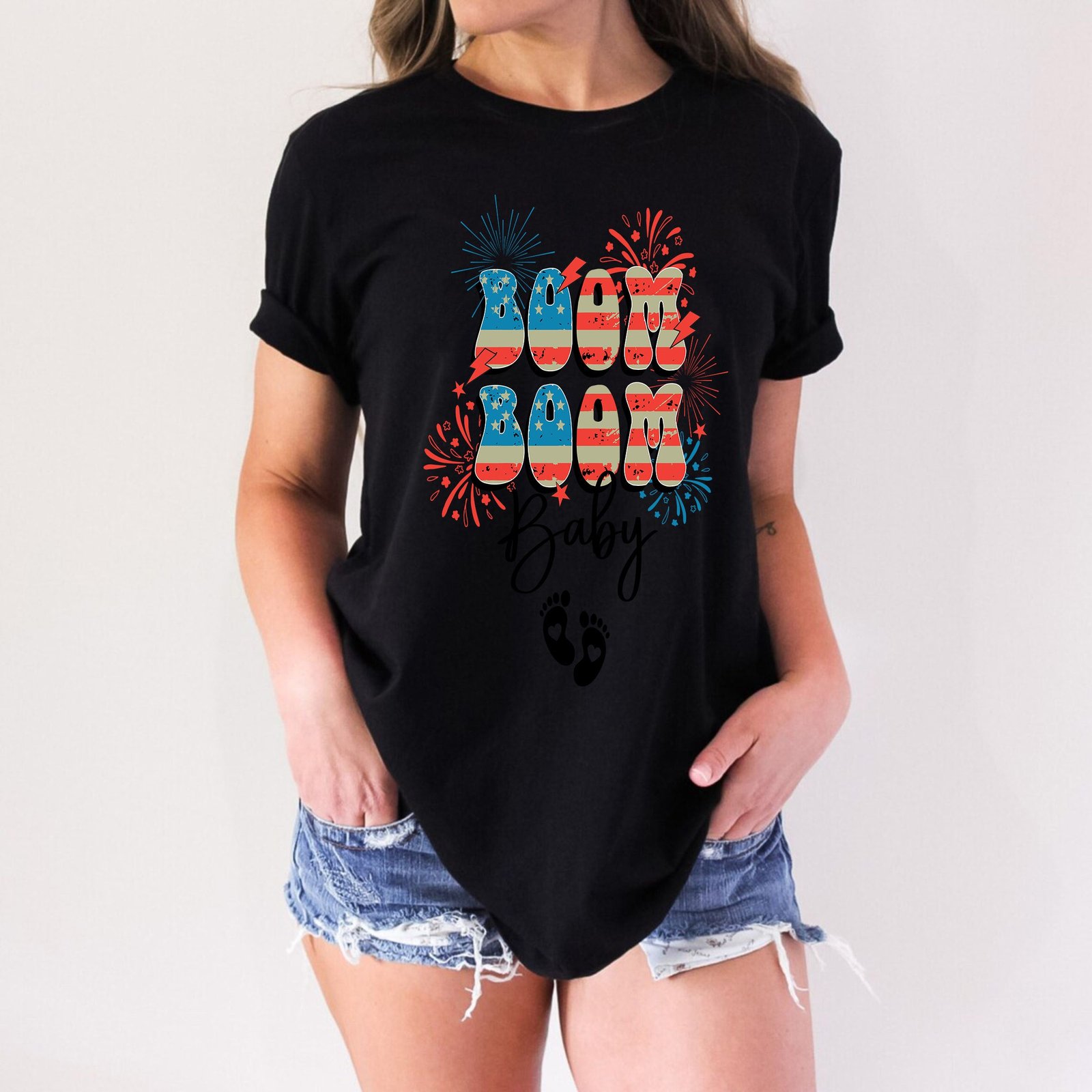 Boom Boom Baby 4th Of July Pregnancy Announcement Maternity T-Shirt - Image 17