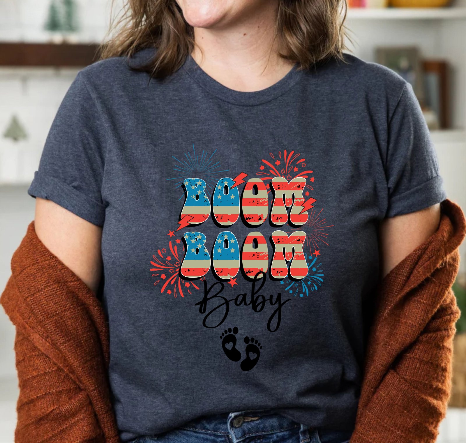 Boom Boom Baby 4th Of July Pregnancy Announcement Maternity T-Shirt - Image 3