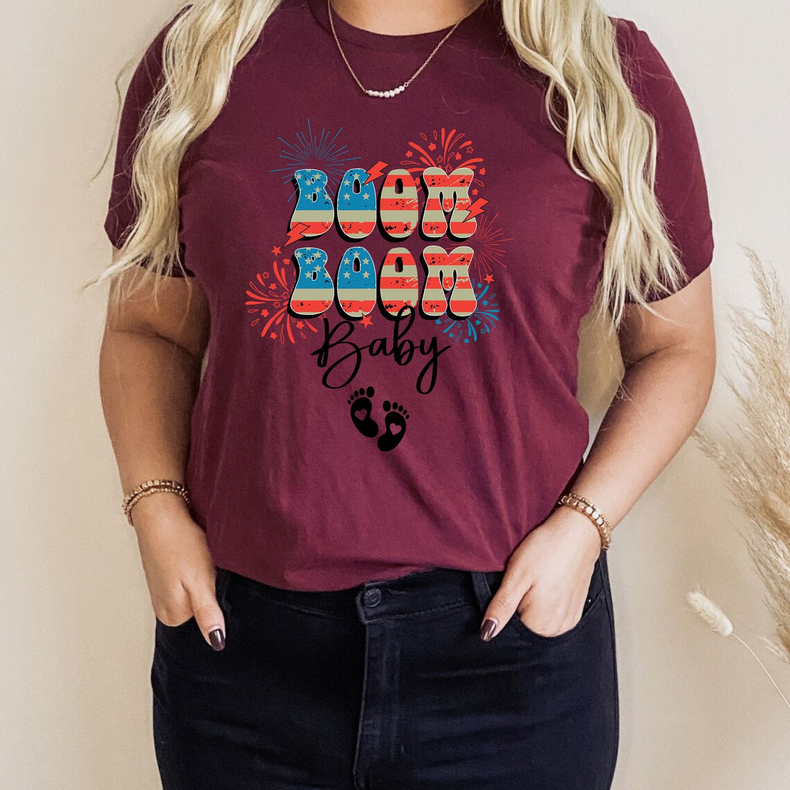Boom Boom Baby 4th Of July Pregnancy Announcement Maternity T-Shirt - Image 10