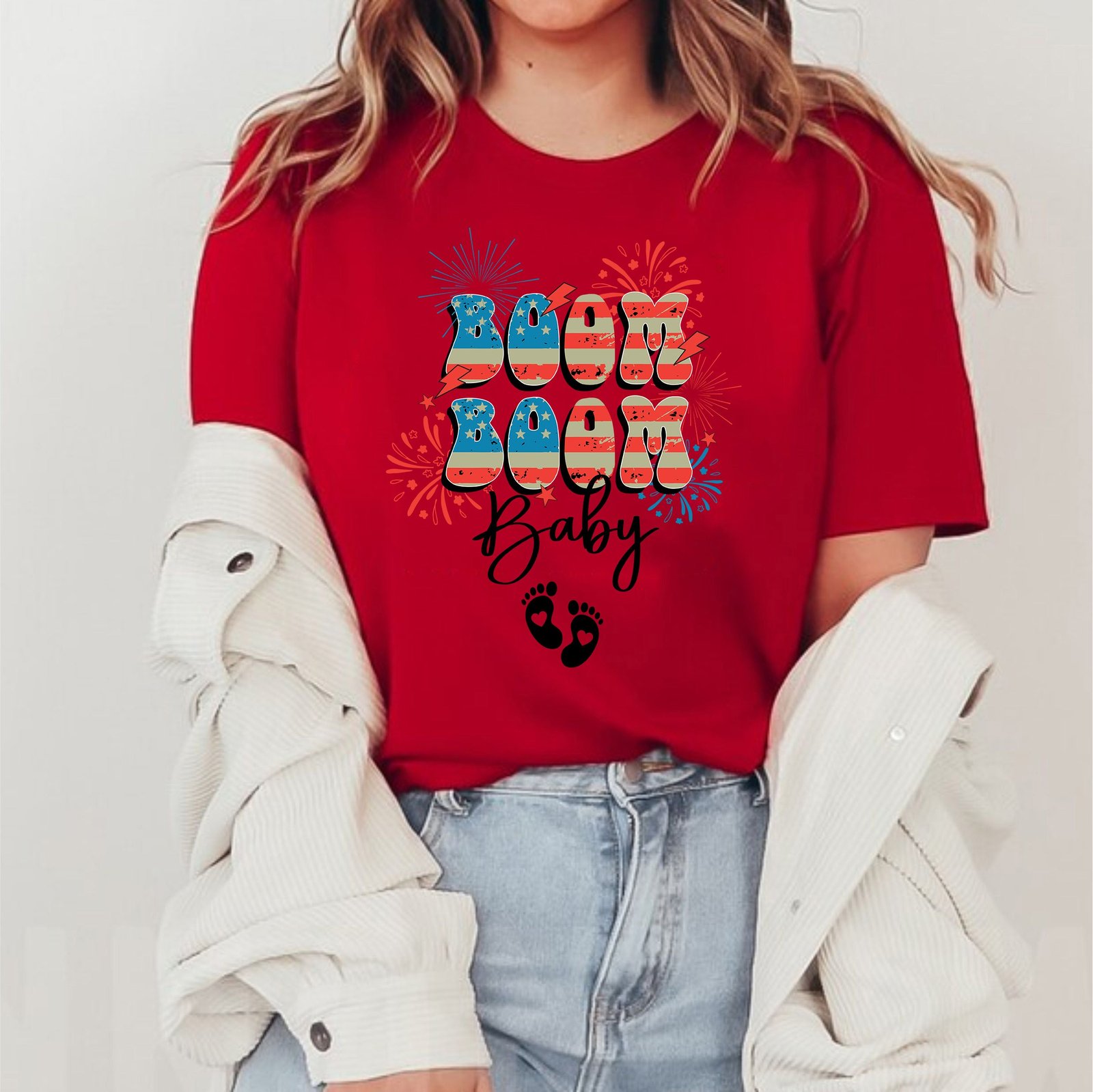 Boom Boom Baby 4th Of July Pregnancy Announcement Maternity T-Shirt - Image 16