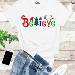 Believe Christmas Hat Tree Reindeer T Shirt