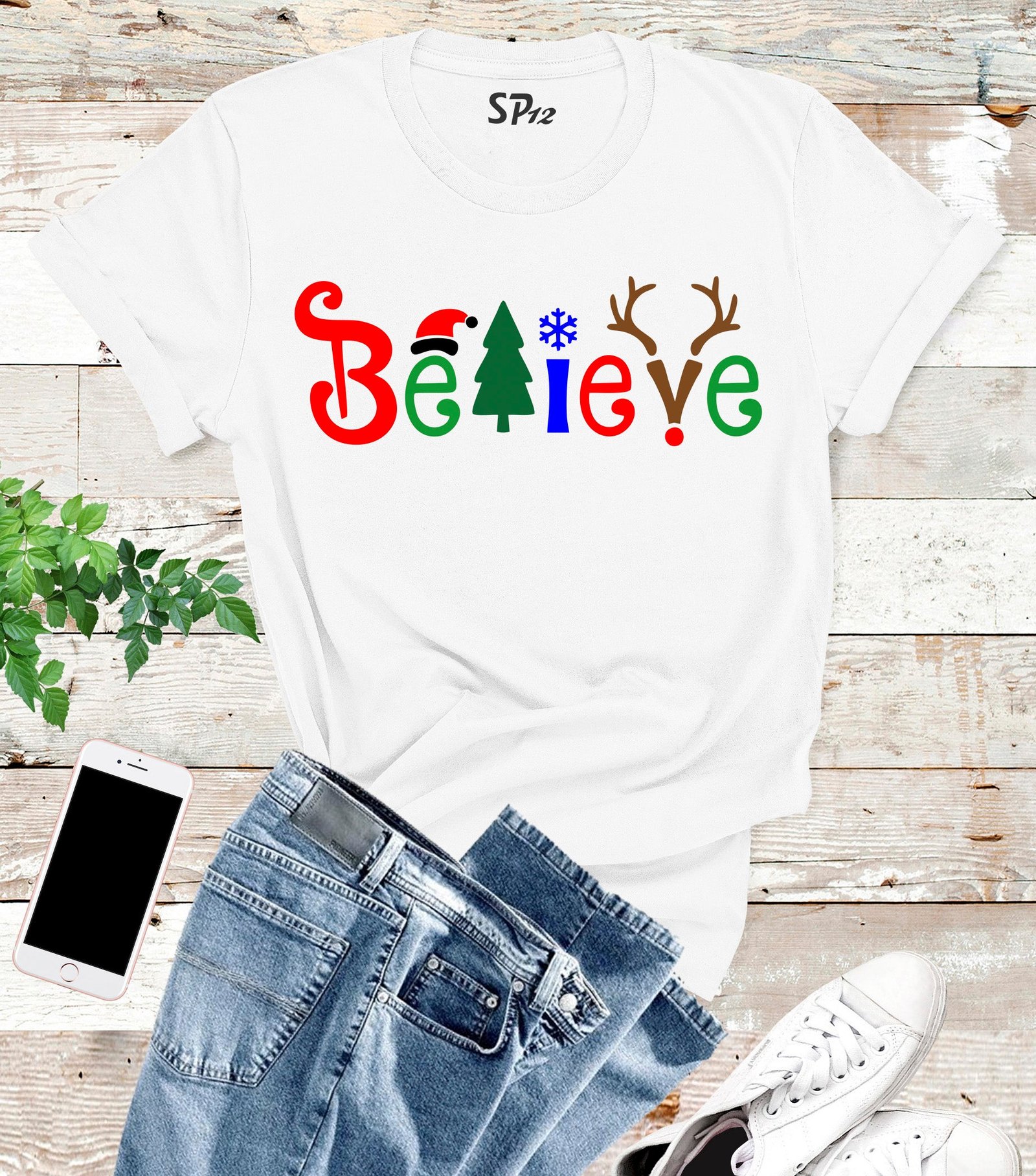 Believe Christmas Hat Tree Reindeer T Shirt