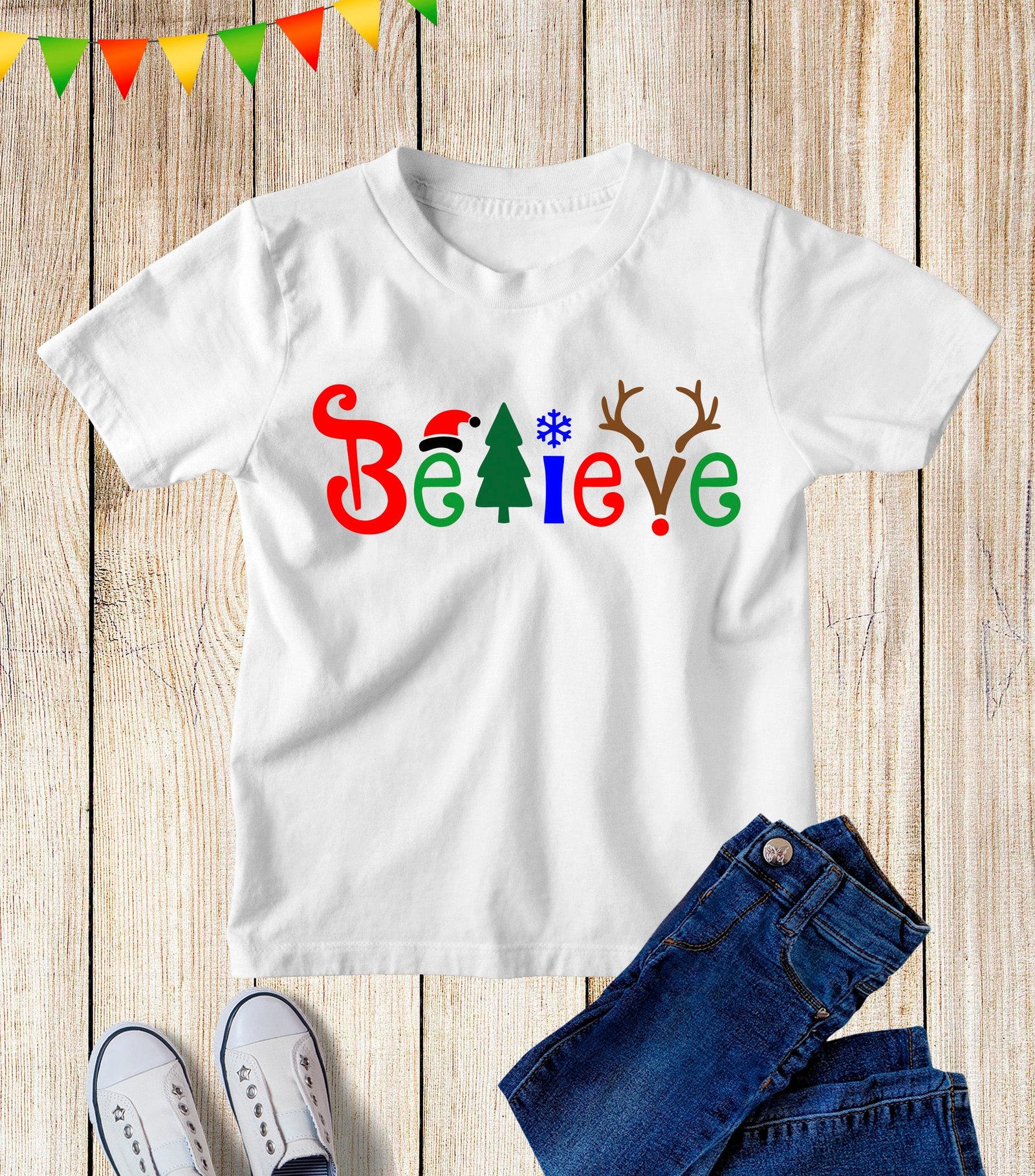 Believe Christmas Hat Tree Reindeer T Shirt