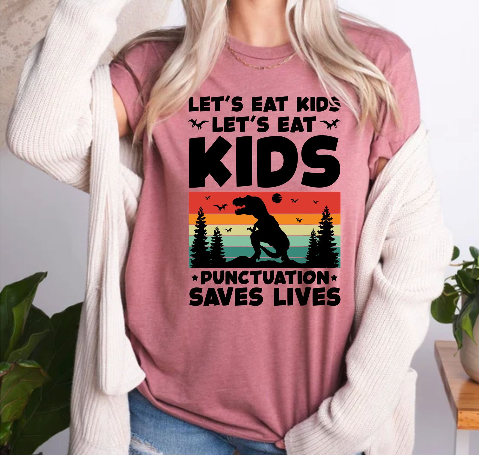 Let's Eat Kids Dinosaur Grammar Punctuation English Teacher T-Shirts