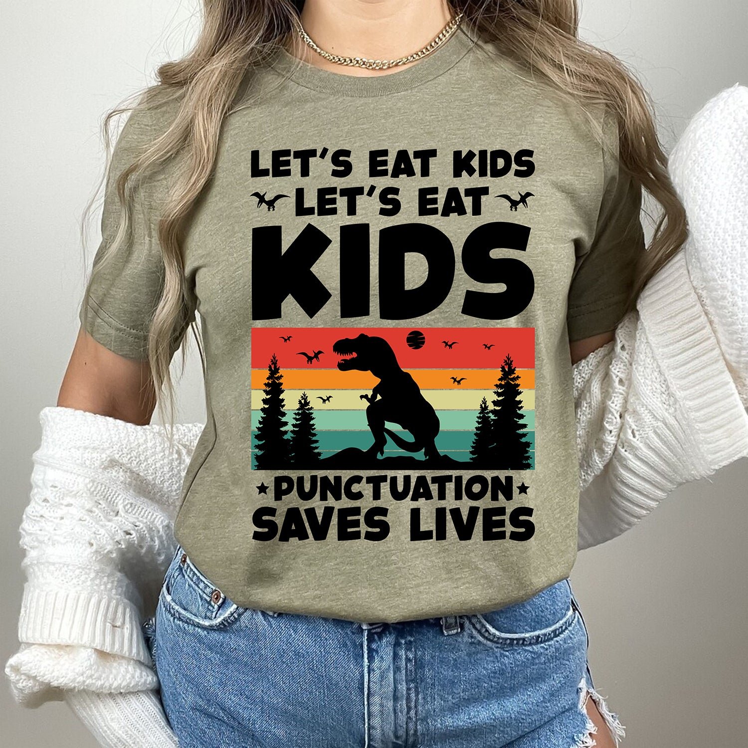 Let's Eat Kids Dinosaur Grammar Punctuation English Teacher T-Shirts - Image 8