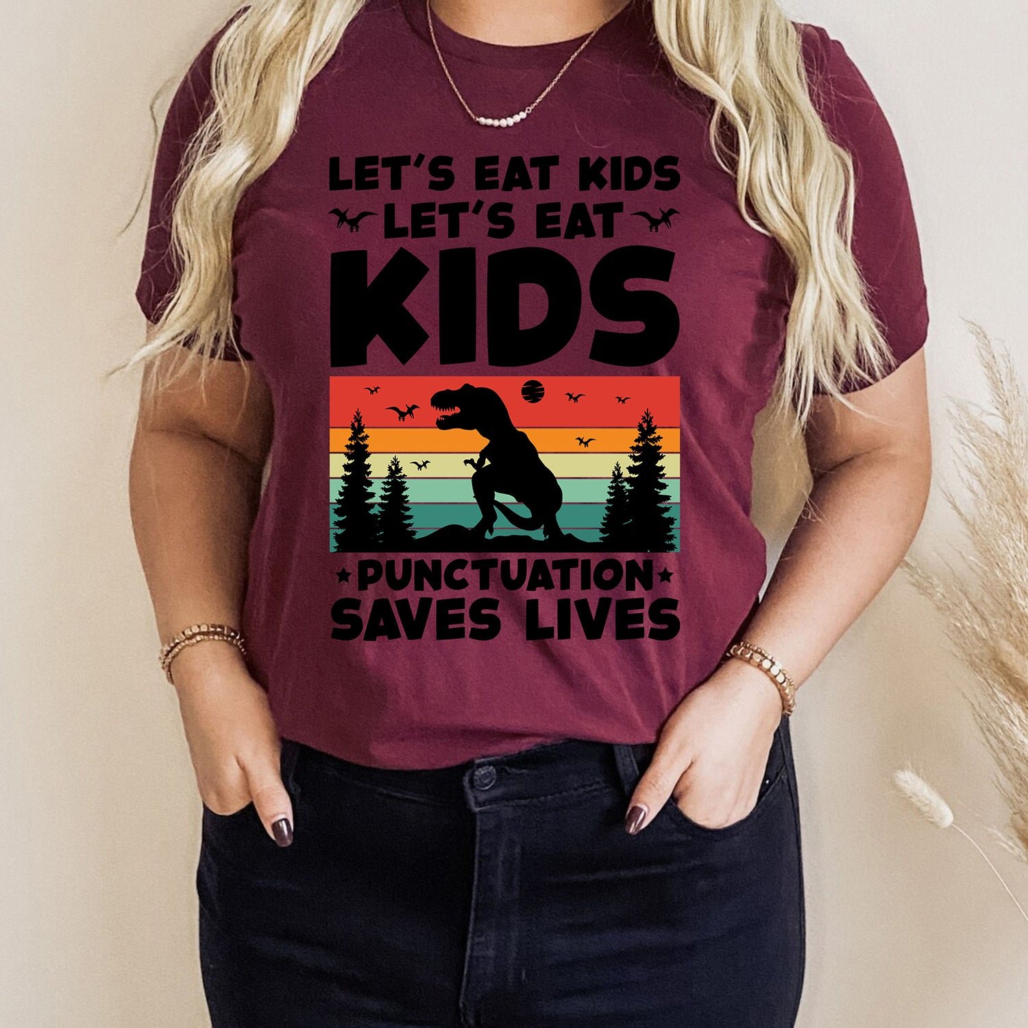 Let's Eat Kids Dinosaur Grammar Punctuation English Teacher T-Shirts - Image 9
