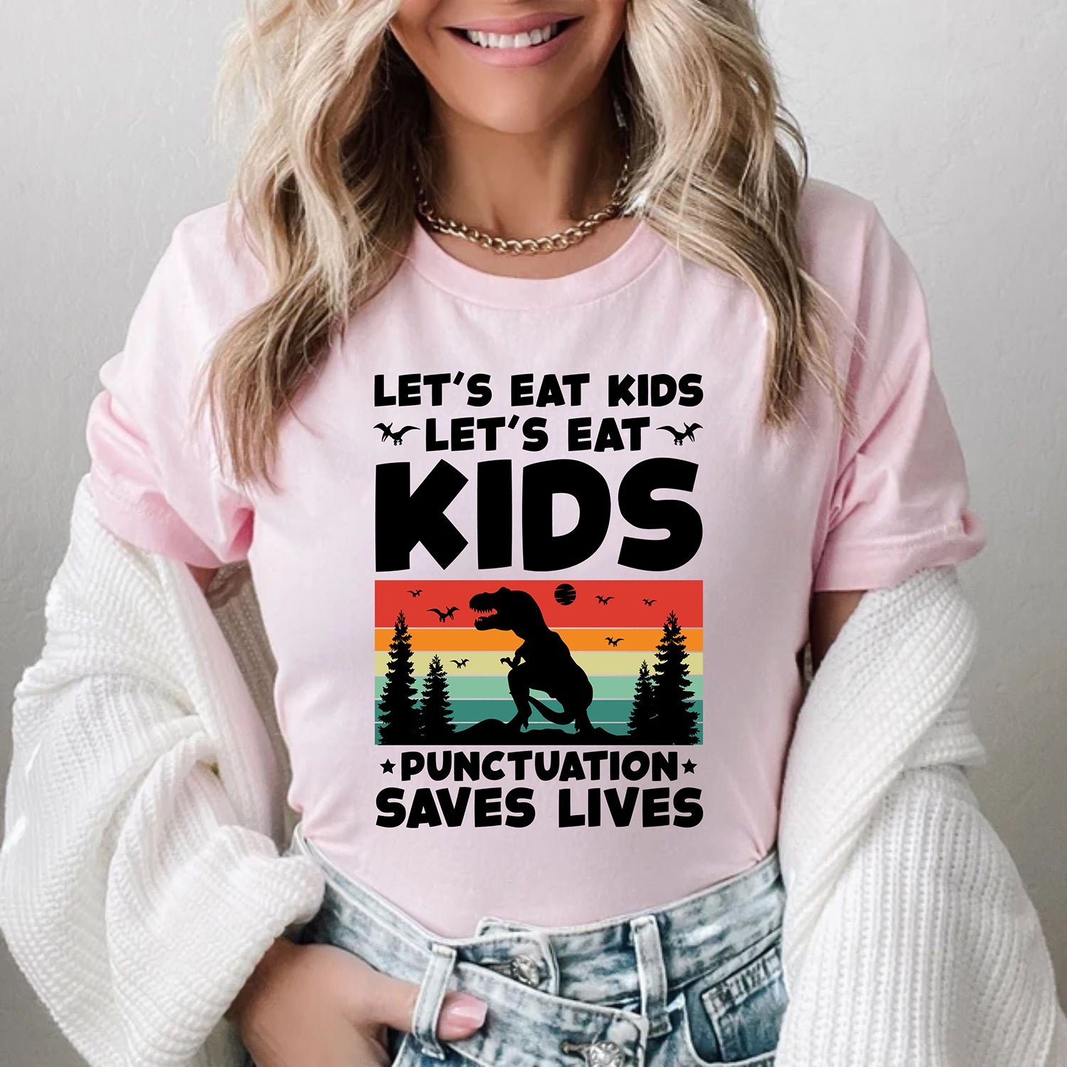 Let's Eat Kids Dinosaur Grammar Punctuation English Teacher T-Shirts - Image 10