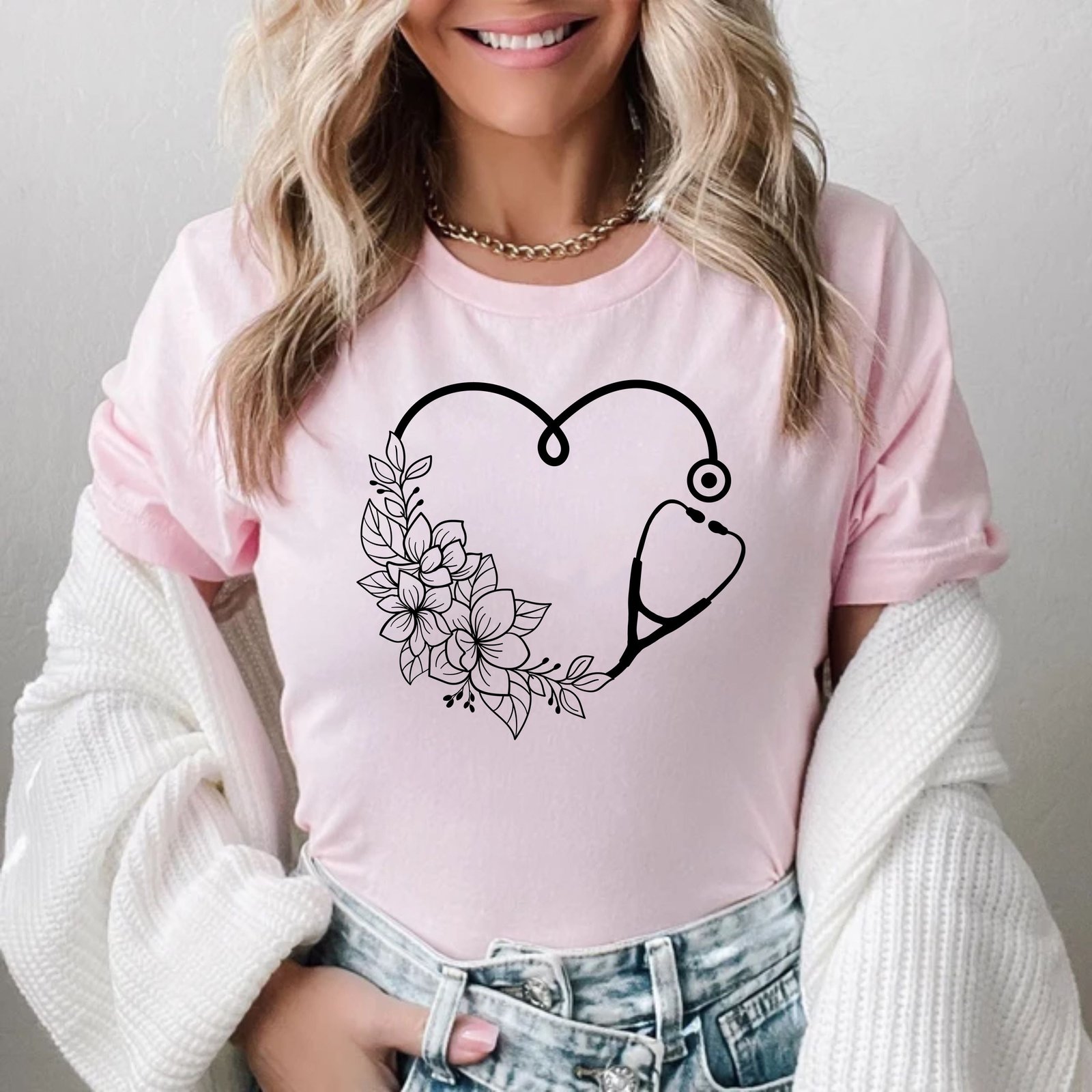Floral Heart Stethoscope Nurse Life Doctor Nursing Assistant T-Shirts - Image 6