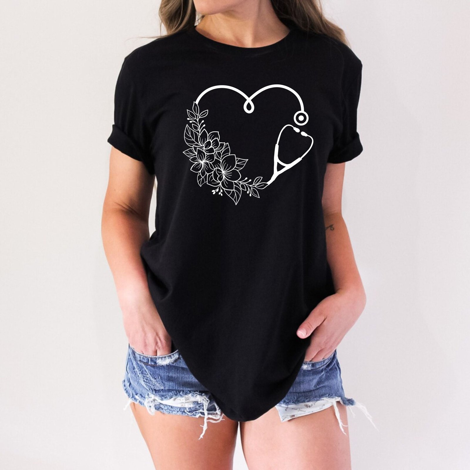 Floral Heart Stethoscope Nurse Life Doctor Nursing Assistant T-Shirts - Image 9