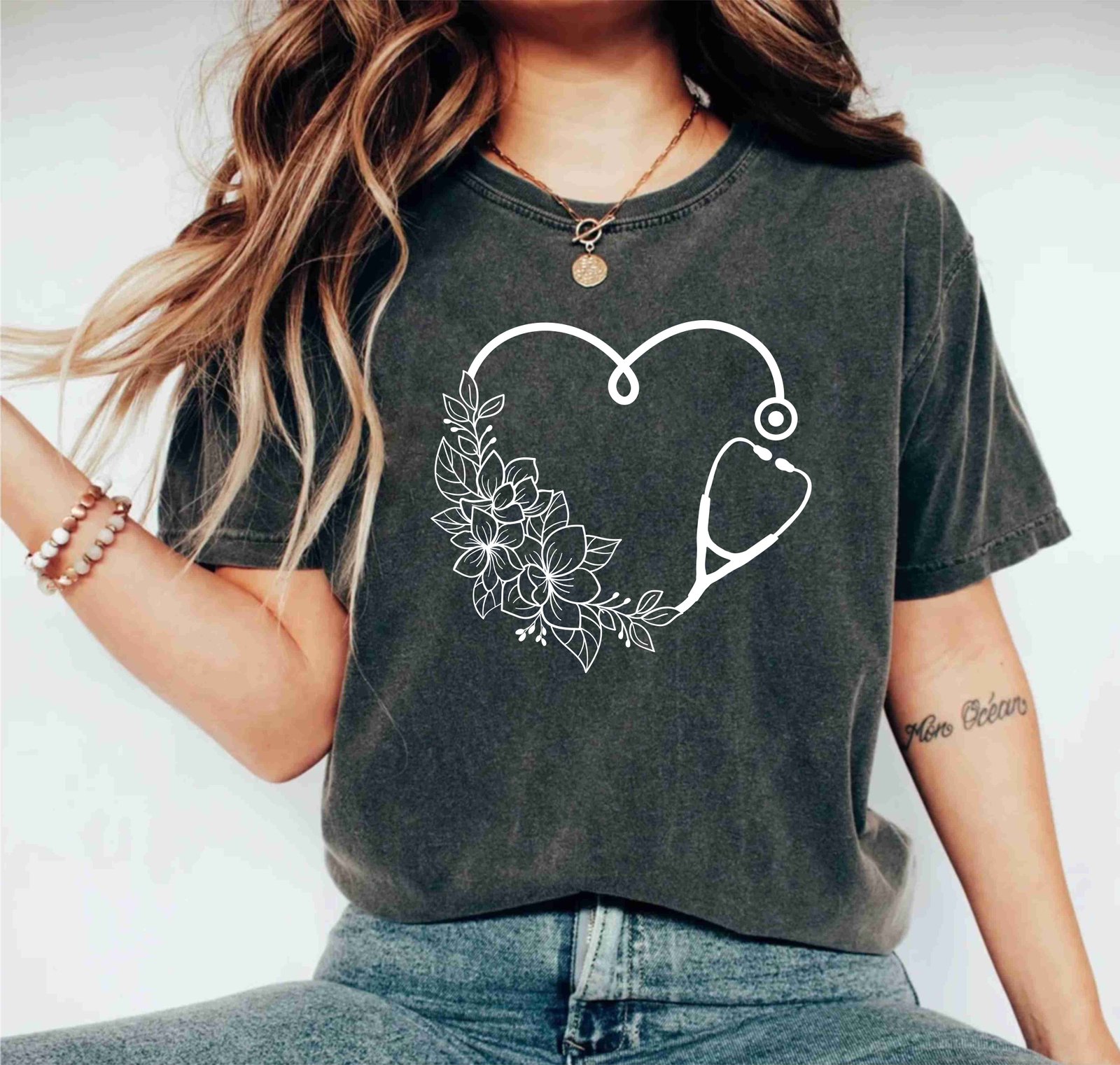 Floral Heart Stethoscope Nurse Life Doctor Nursing Assistant T-Shirts - Image 10