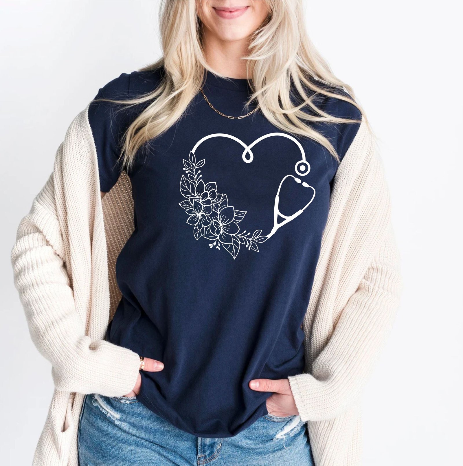 Floral Heart Stethoscope Nurse Life Doctor Nursing Assistant T-Shirts - Image 12