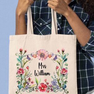 Custom Teacher Tote Bag with flower wreath