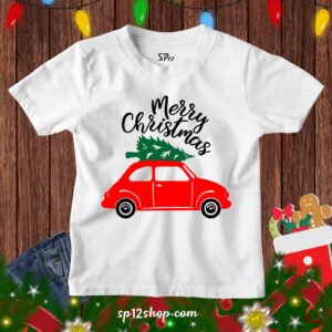 Funny Gift Kids T Shirt Merry Christmas Red Car Tree