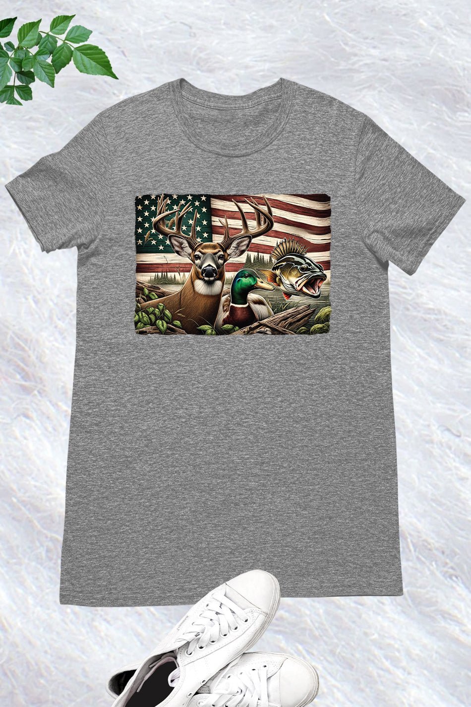 Camo Deer Hunting Duck Bass Fish USA Flag T Shirt - Image 3