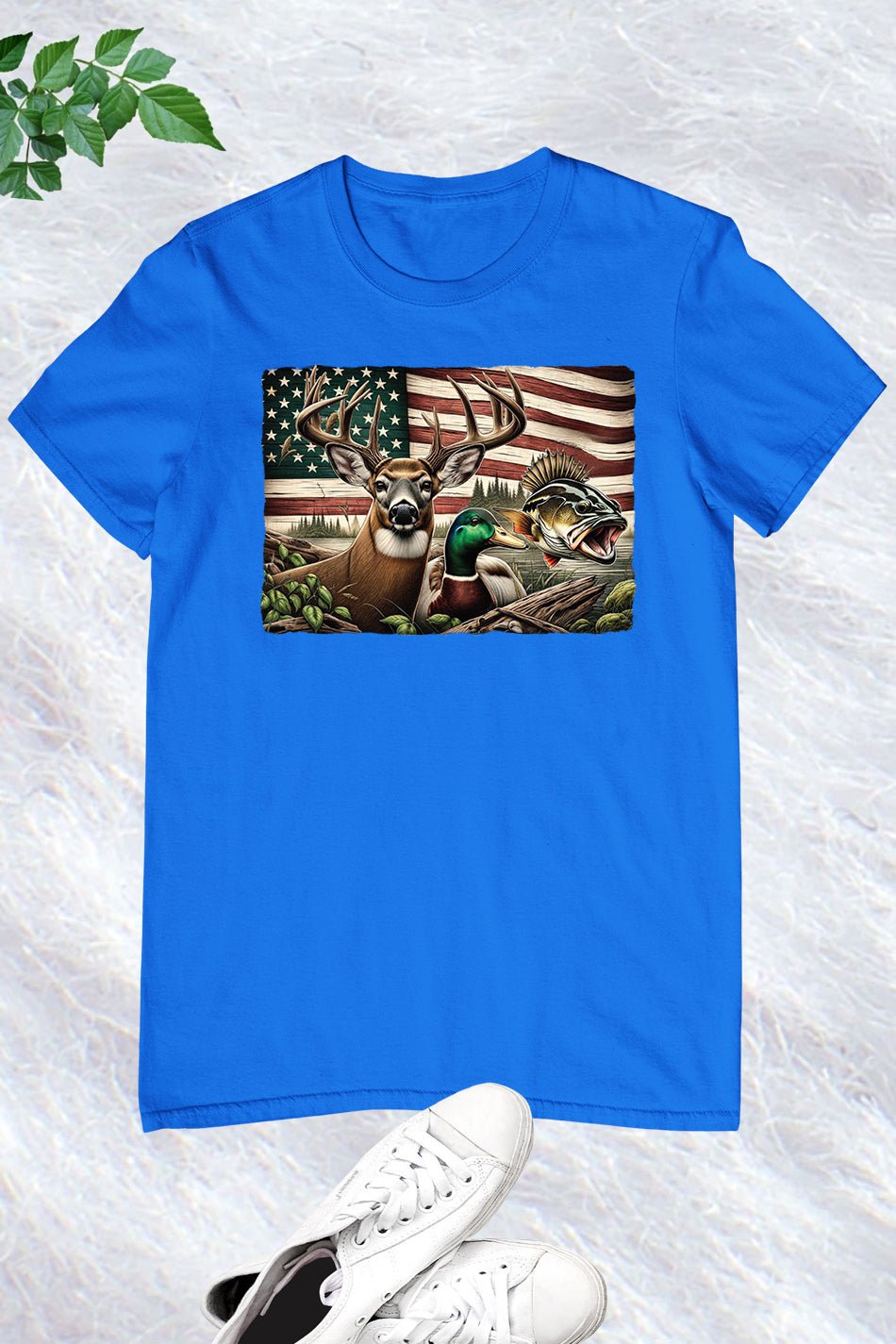Camo Deer Hunting Duck Bass Fish USA Flag T Shirt - Image 4