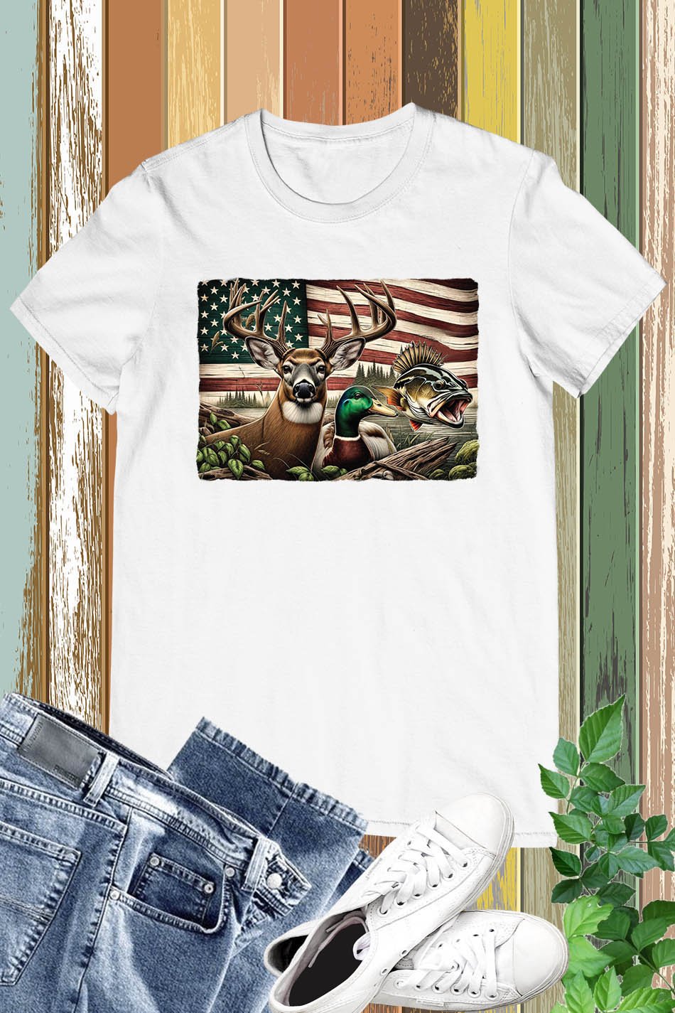 Camo Deer Hunting Duck Bass Fish USA Flag T Shirt