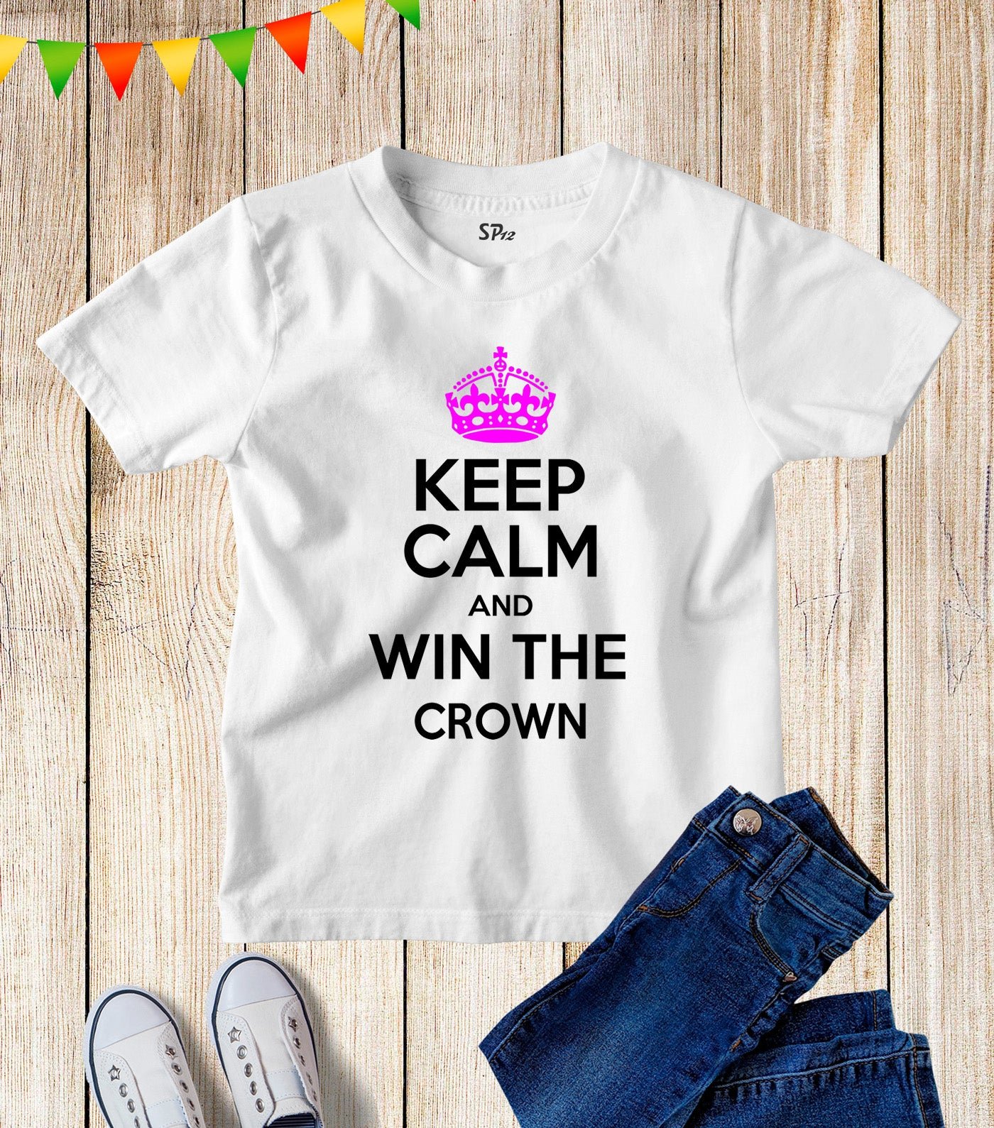 Kids Keep Calm And Win The Crown Slogan T Shirt