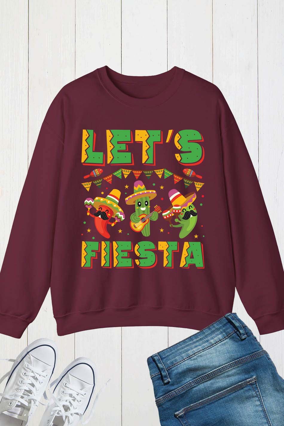 Lets Fiesta Cinco De Mayo with Guitar Cactus Sombrero Maraca Sweatshirt