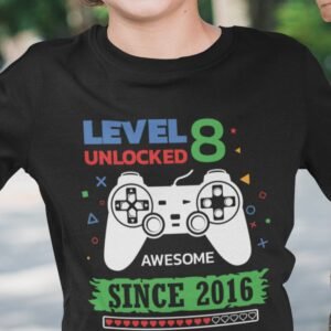 Level 8 Unlocked Awesome Since 2016 Kids Birthday Gamer Shirt