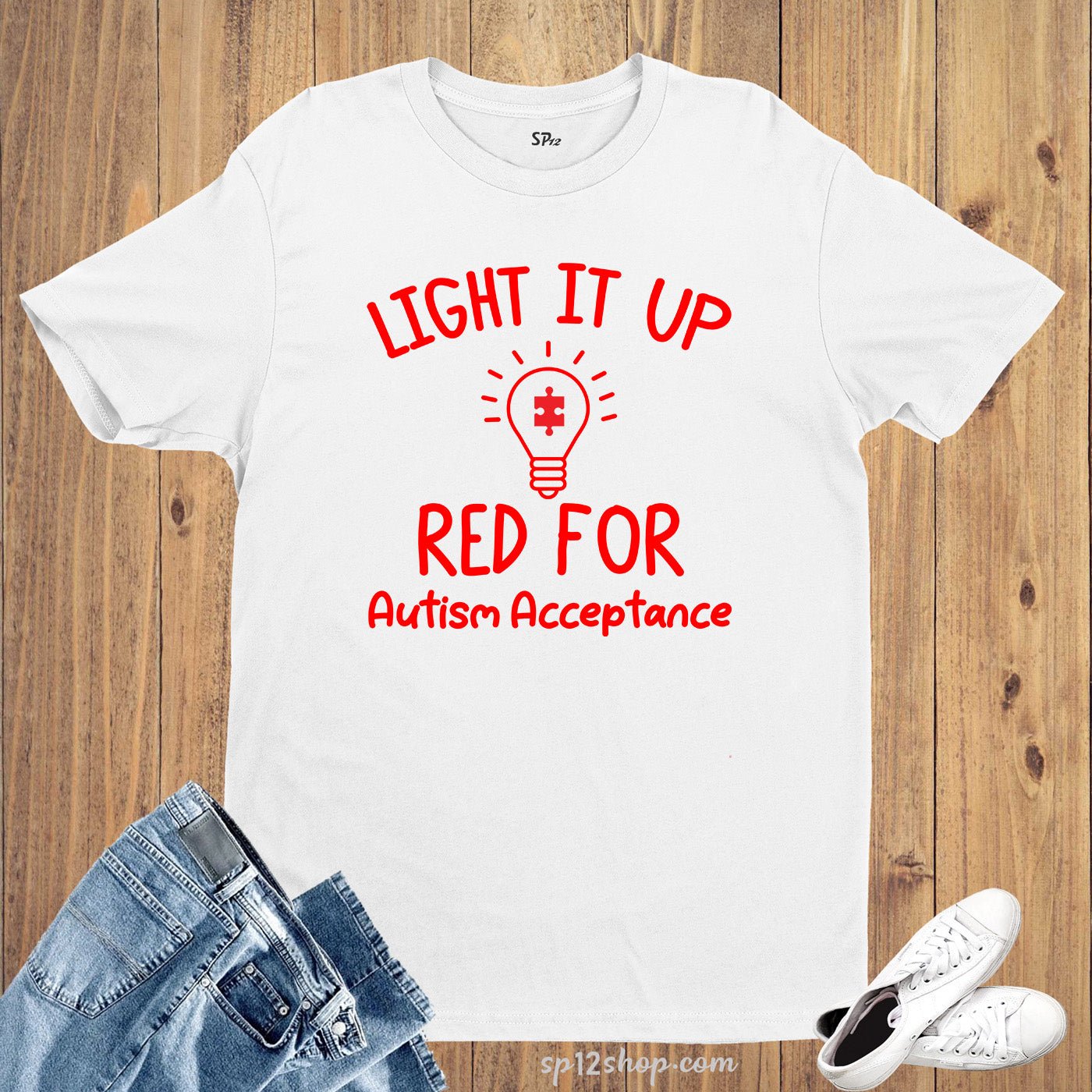 Light It Up Red For Autism Acceptance T Shirt - Image 3