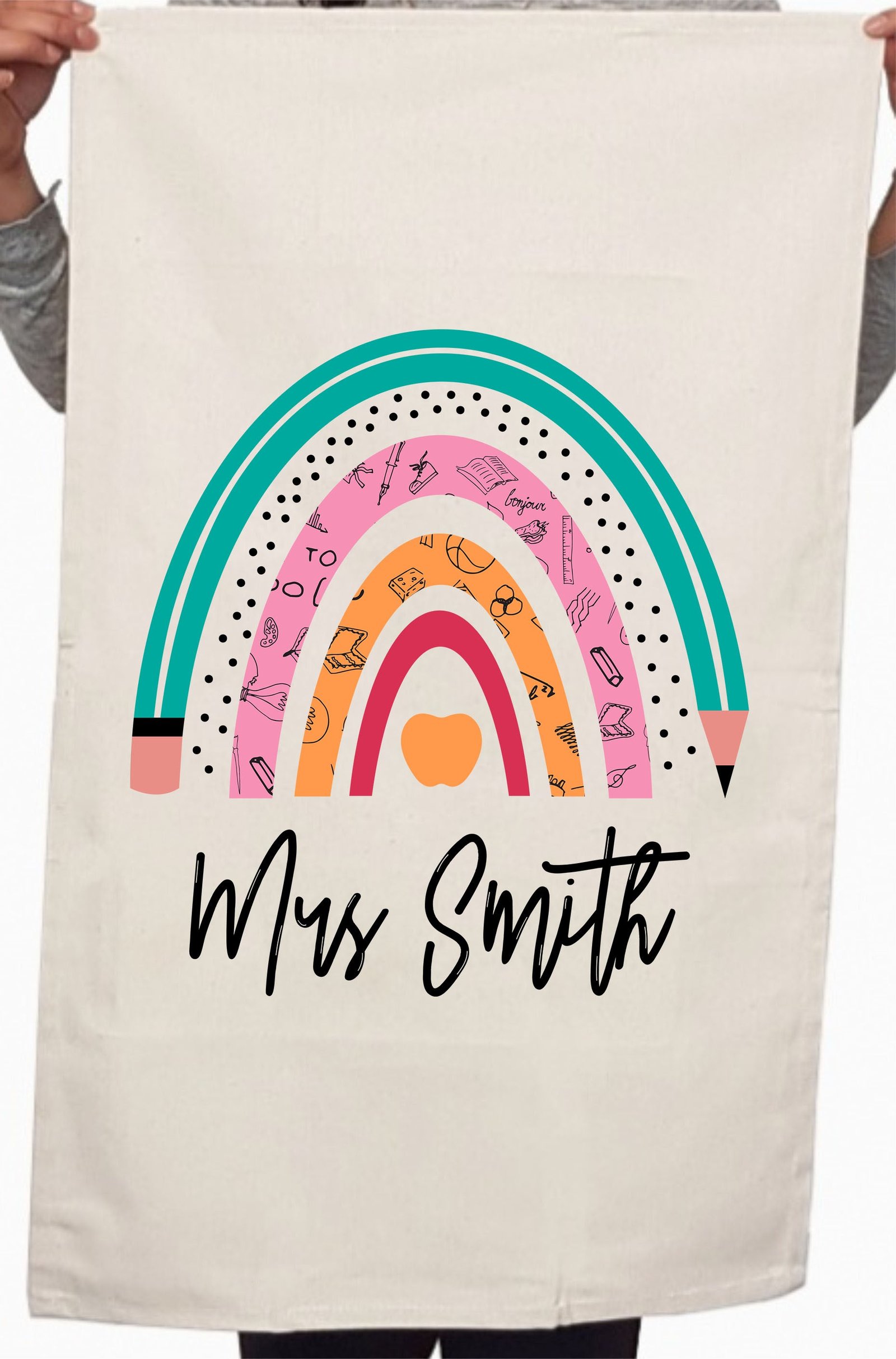 Cute Teacher Appreciation Rainbow Custom Thank You Kitchen Table Tea Towel