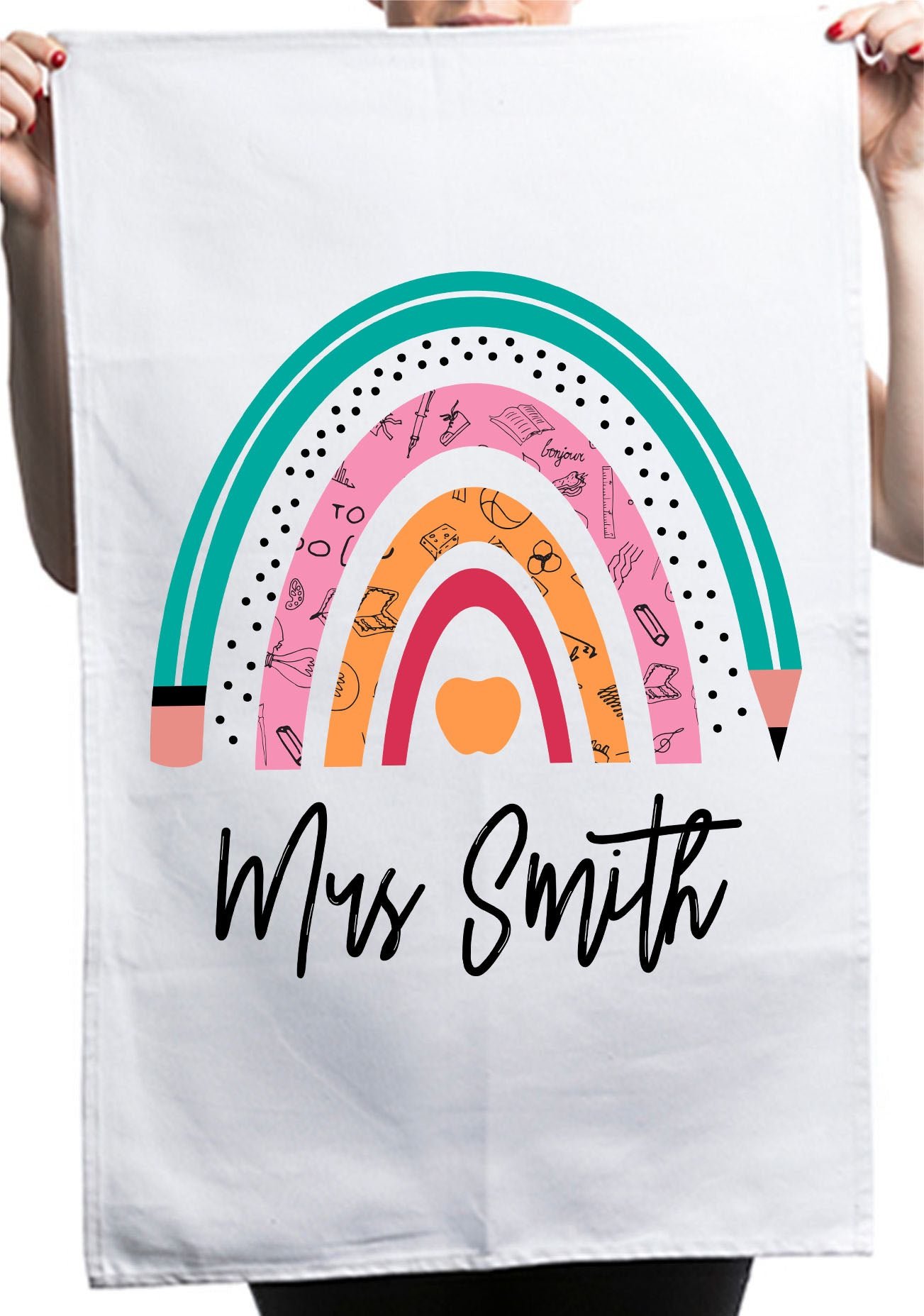 Cute Teacher Appreciation Rainbow Custom Thank You Kitchen Table Tea Towel - Image 2